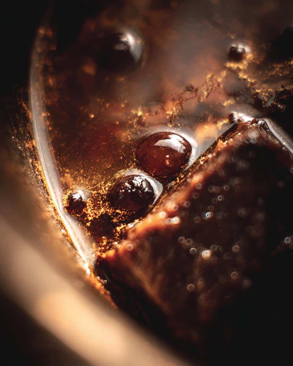 Detailed close-up of beef stew meat recipes cooking in a dark, rich sauce with glistening bubbles.
