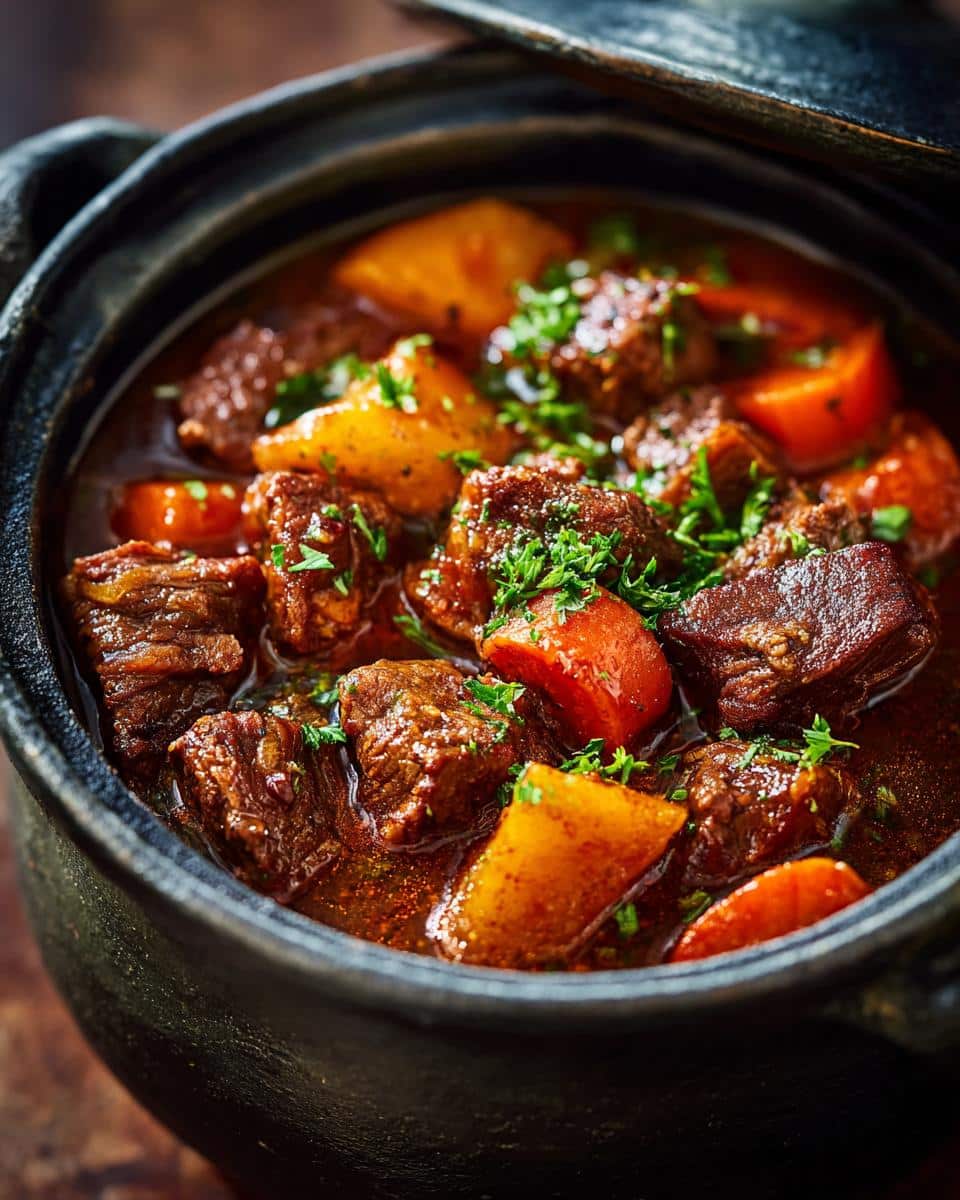 Close-up of a pot filled with delicious beef stew meat recipes, featuring tender beef, carrots, and potatoes.