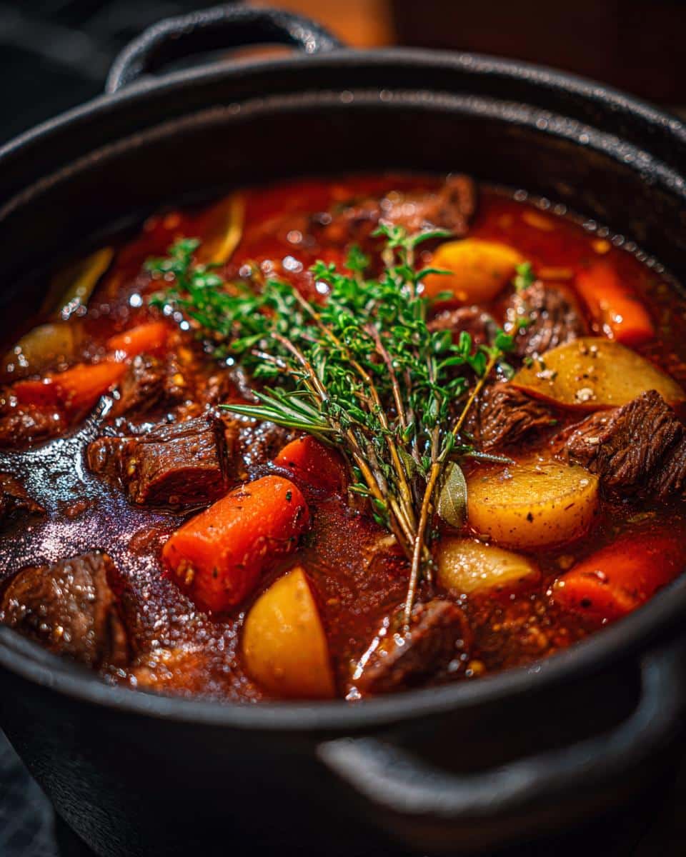 Close-up of hearty beef stew meat recipes with carrots, potatoes, and herbs in a black pot.