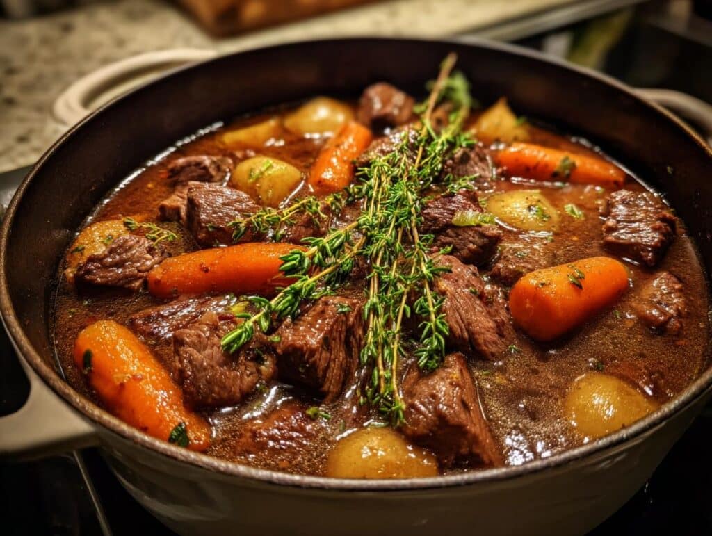 A pot of hearty beef stew, featuring tender beef, carrots, potatoes, and fresh thyme.
