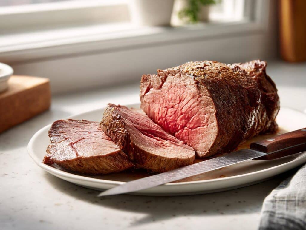 Juicy sliced beef tenderloin recipes oven cooked, served on a white plate with a carving knife.
