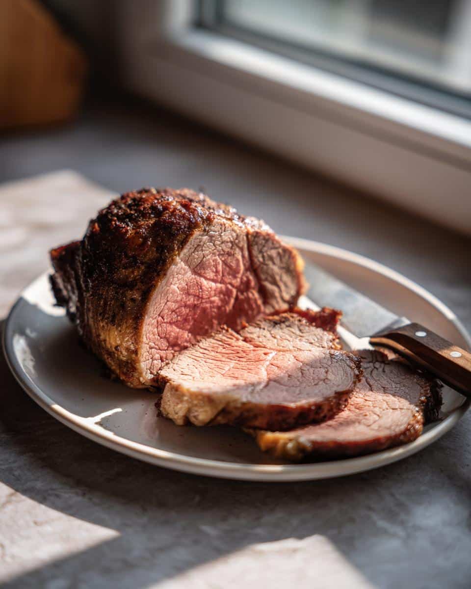 Juicy sliced beef tenderloin recipe oven cooked, plated and ready to serve.