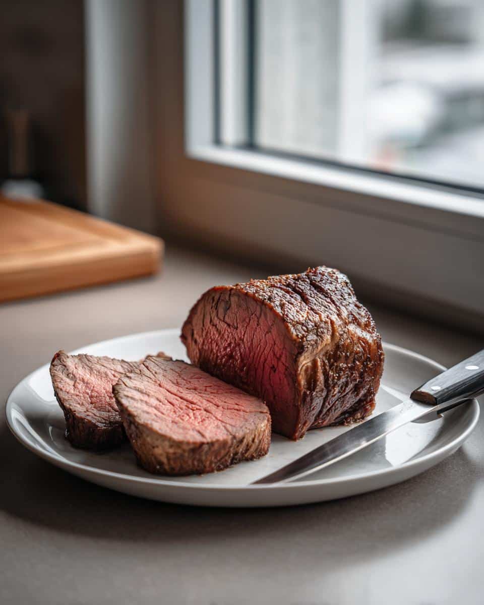 Perfectly roasted beef tenderloin recipe oven, sliced and ready to serve on a white plate with a knife.