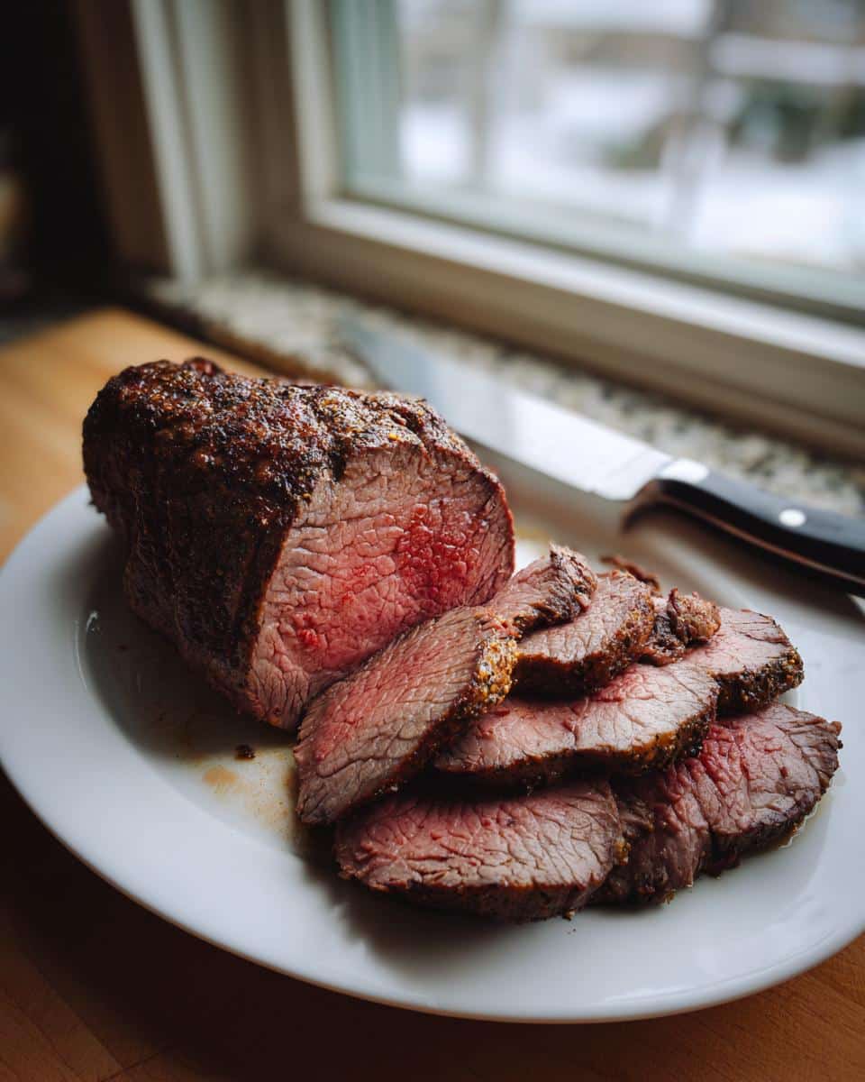 Juicy slices of oven-roasted beef tenderloin on a white plate, ready to serve. Perfect for beef tenderloin recipes oven.