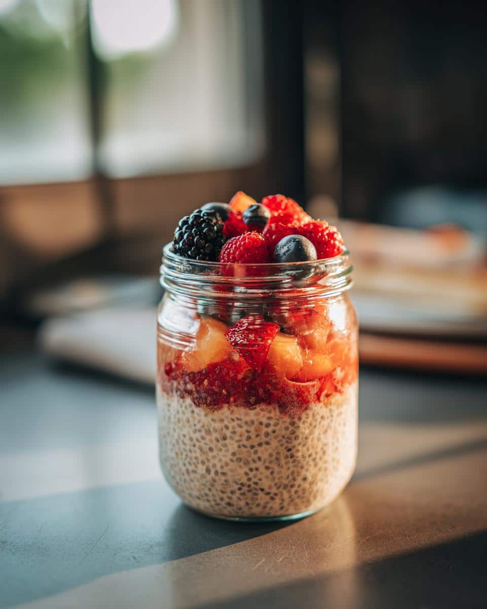 A jar of layered Chia Pudding topped with fresh berries, including raspberries, blueberries, and blackberries.