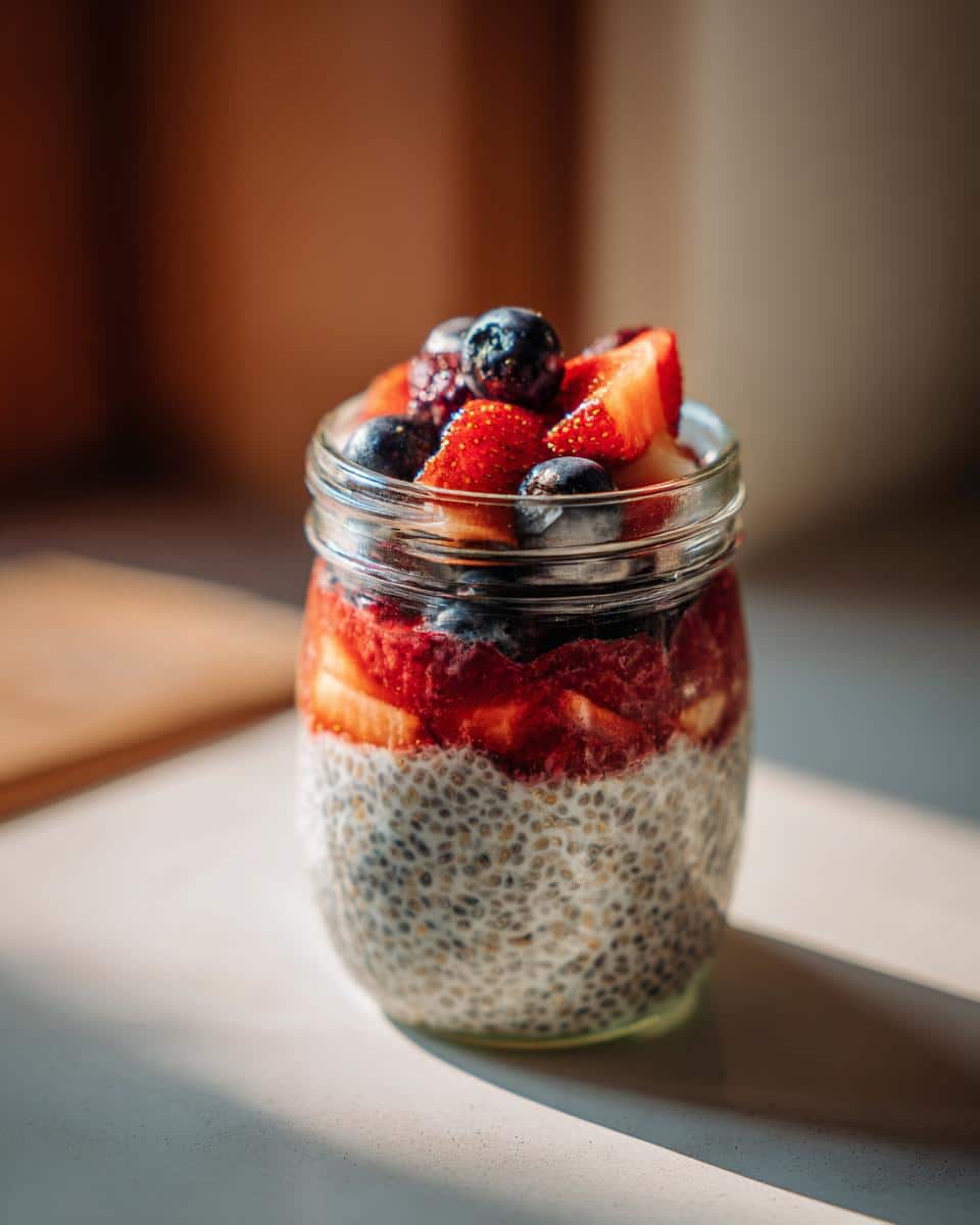 Jar of Chia Pudding topped with fresh strawberries and blueberries, ready to eat.