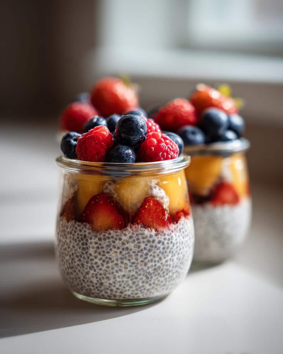 Two jars of layered Chia Pudding topped with fresh strawberries, blueberries, and raspberries.