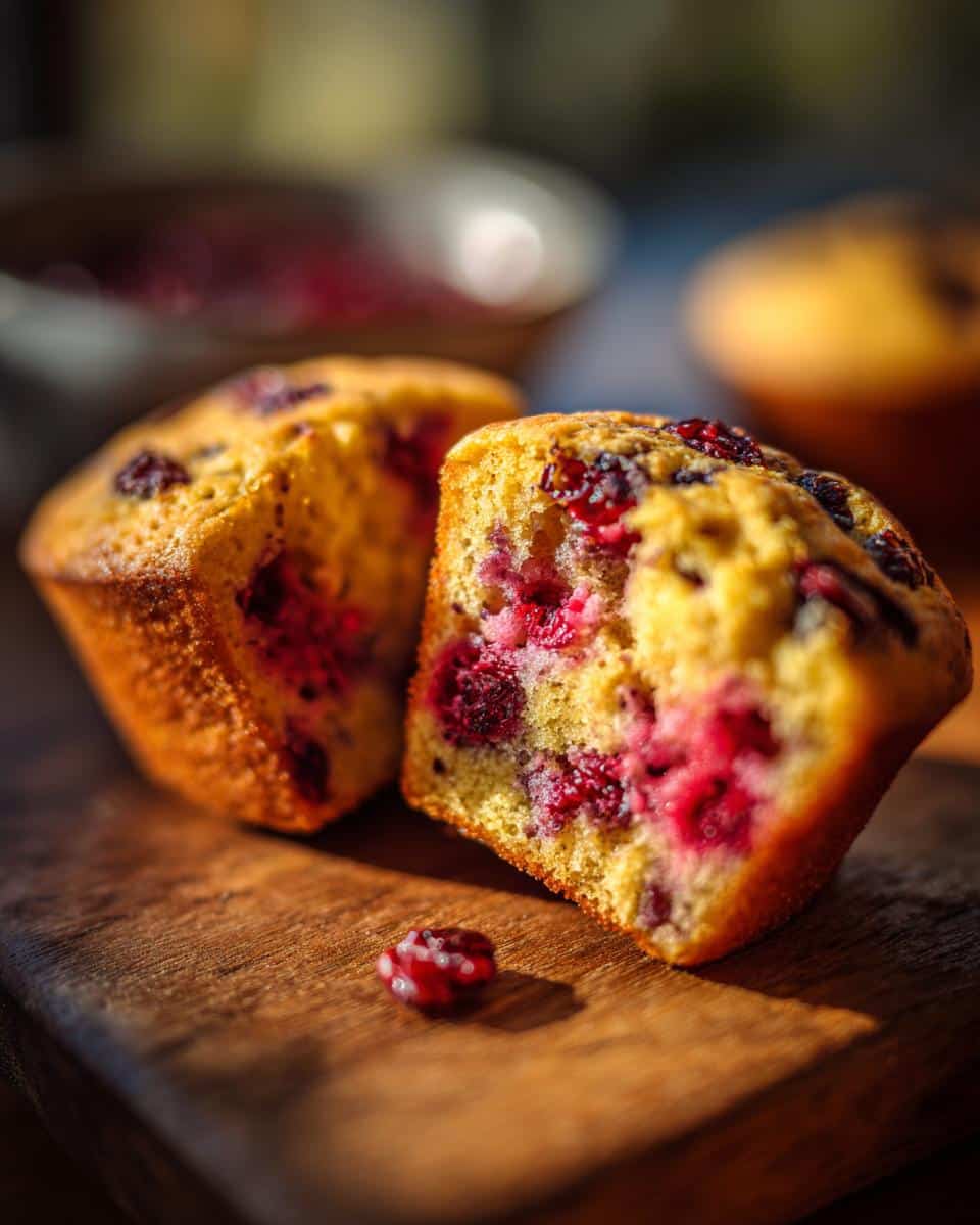 A halved Protein Muffin with berries, showcasing its moist interior on a wooden board.