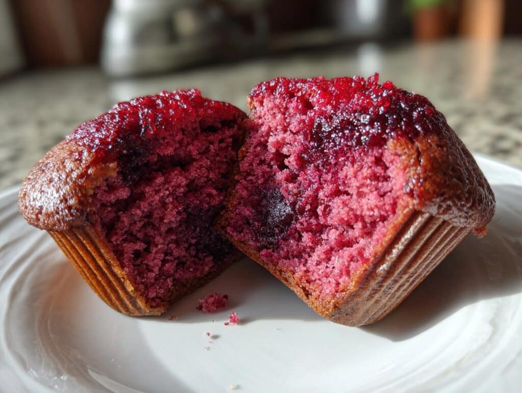 A halved Protein Muffin with a vibrant berry topping, showcasing the moist interior.