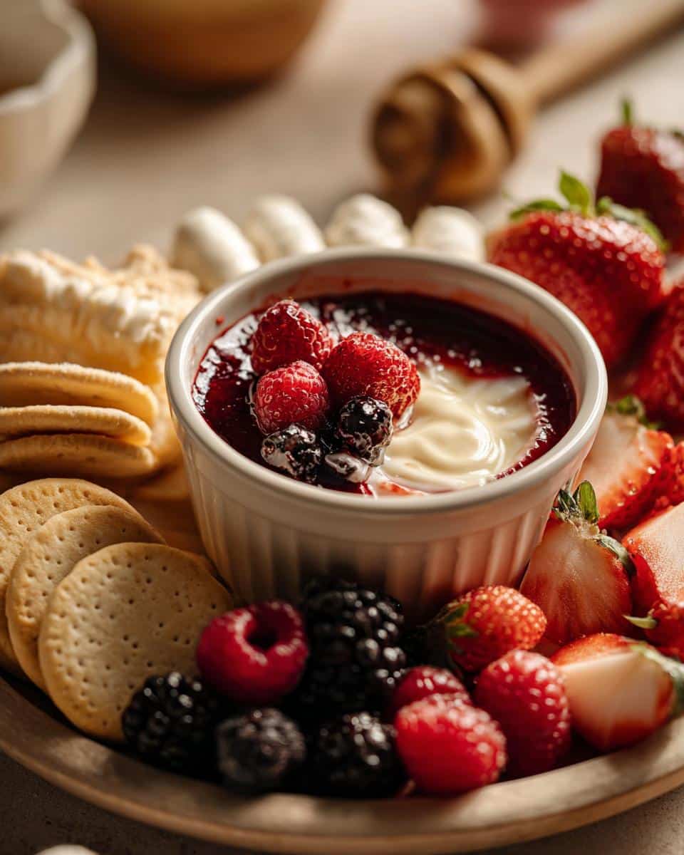 A delicious sweet dip for parties with fresh berries, crackers, and a creamy dip in a white bowl.