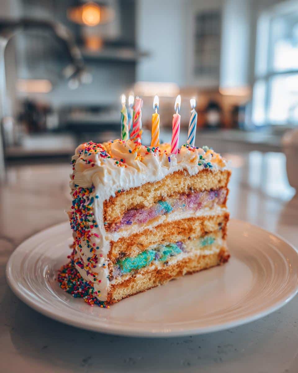 A colorful slice of birthday cake with candles, sprinkles, and layered filling. Inspiration for a birthday cake drawing.