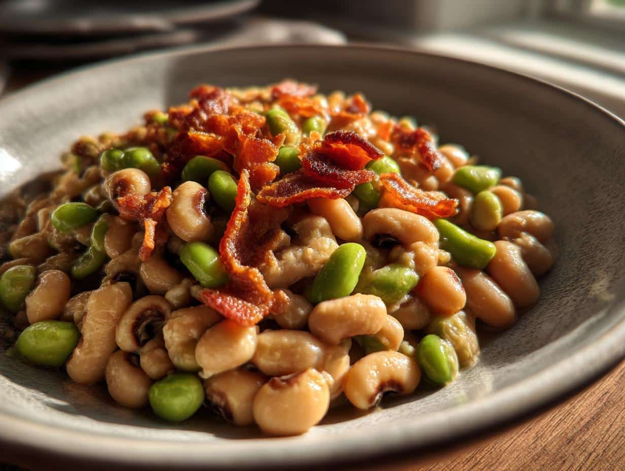 A bowl of black eyed peas recipe, garnished with crispy bacon and green beans.