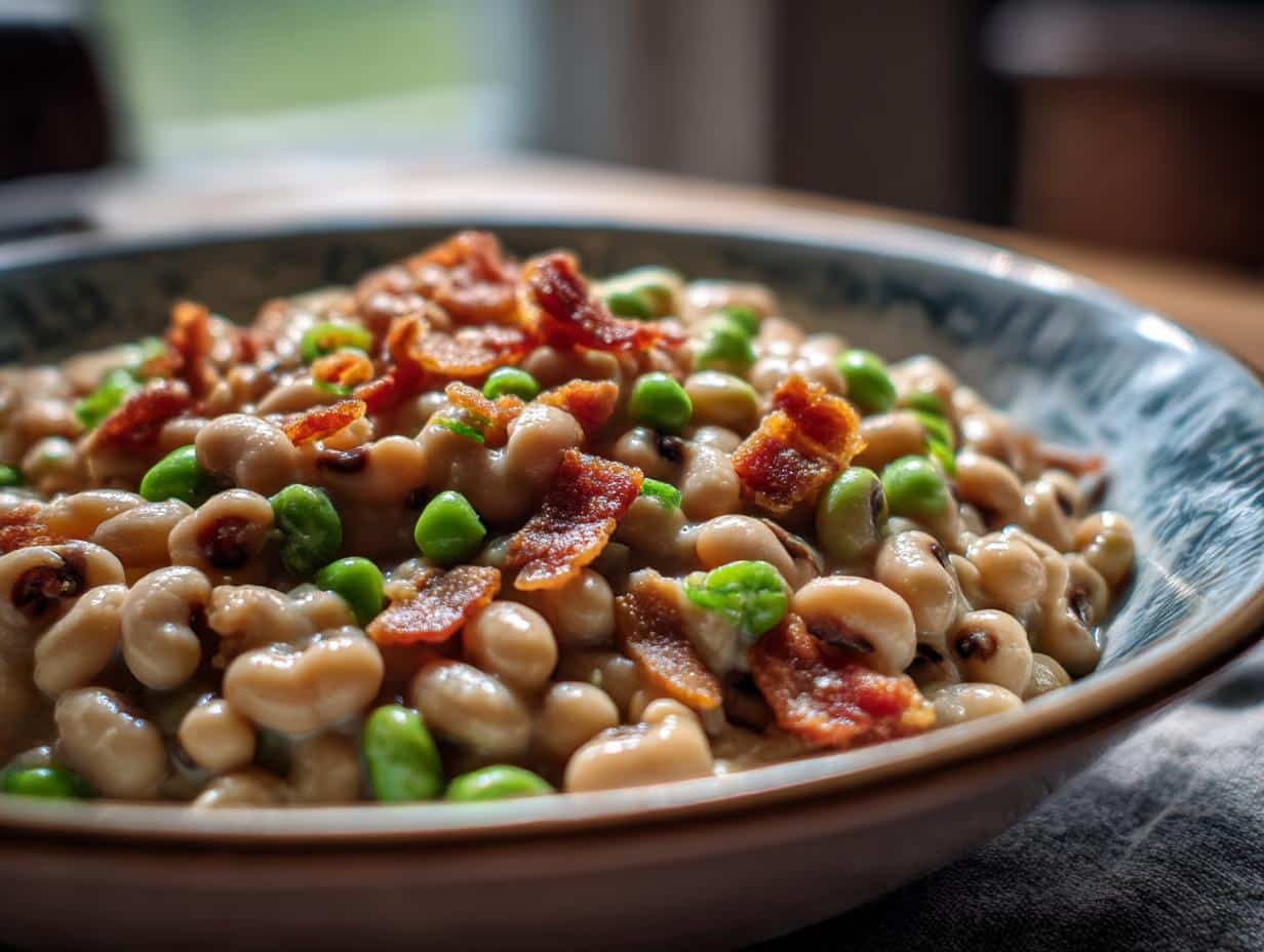 A bowl of black eyed peas recipe, garnished with crispy bacon and fresh green peas.