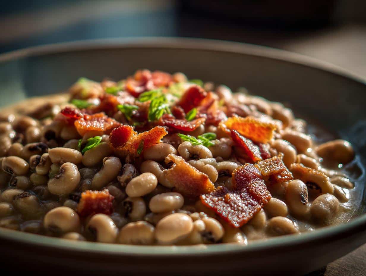 Close-up of a bowl of black eyed peas recipe, topped with crispy bacon and fresh herbs.
