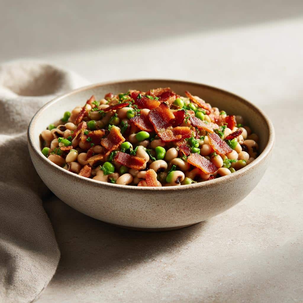 A bowl of black eyed peas recipe, garnished with crispy bacon and fresh herbs.