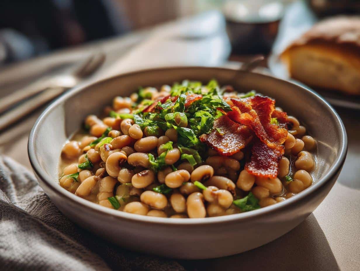 A bowl of delicious black eyed peas recipe, topped with fresh herbs and crispy bacon.