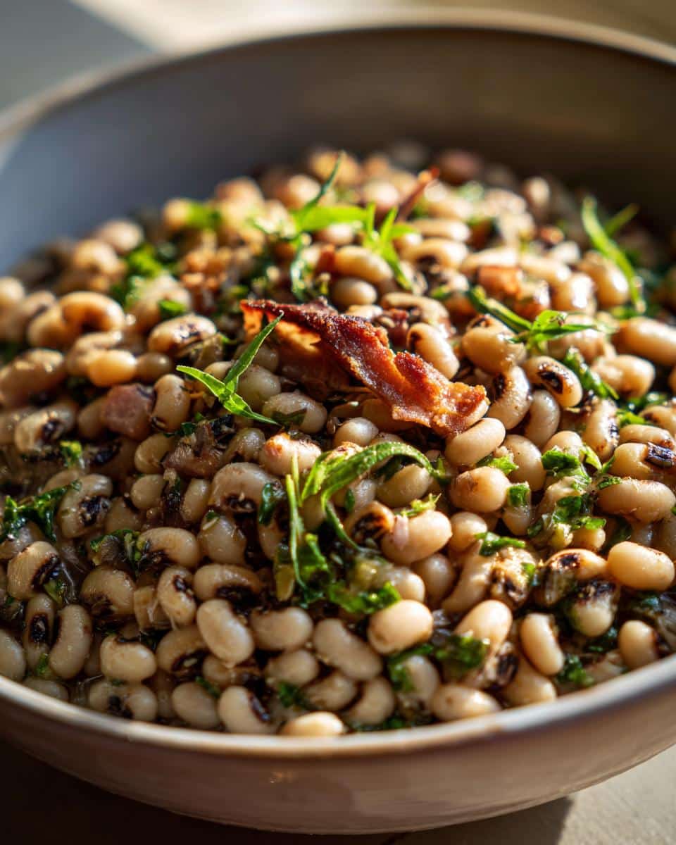 Close-up of black eyed peas recipe crock pot, garnished with bacon and fresh herbs.