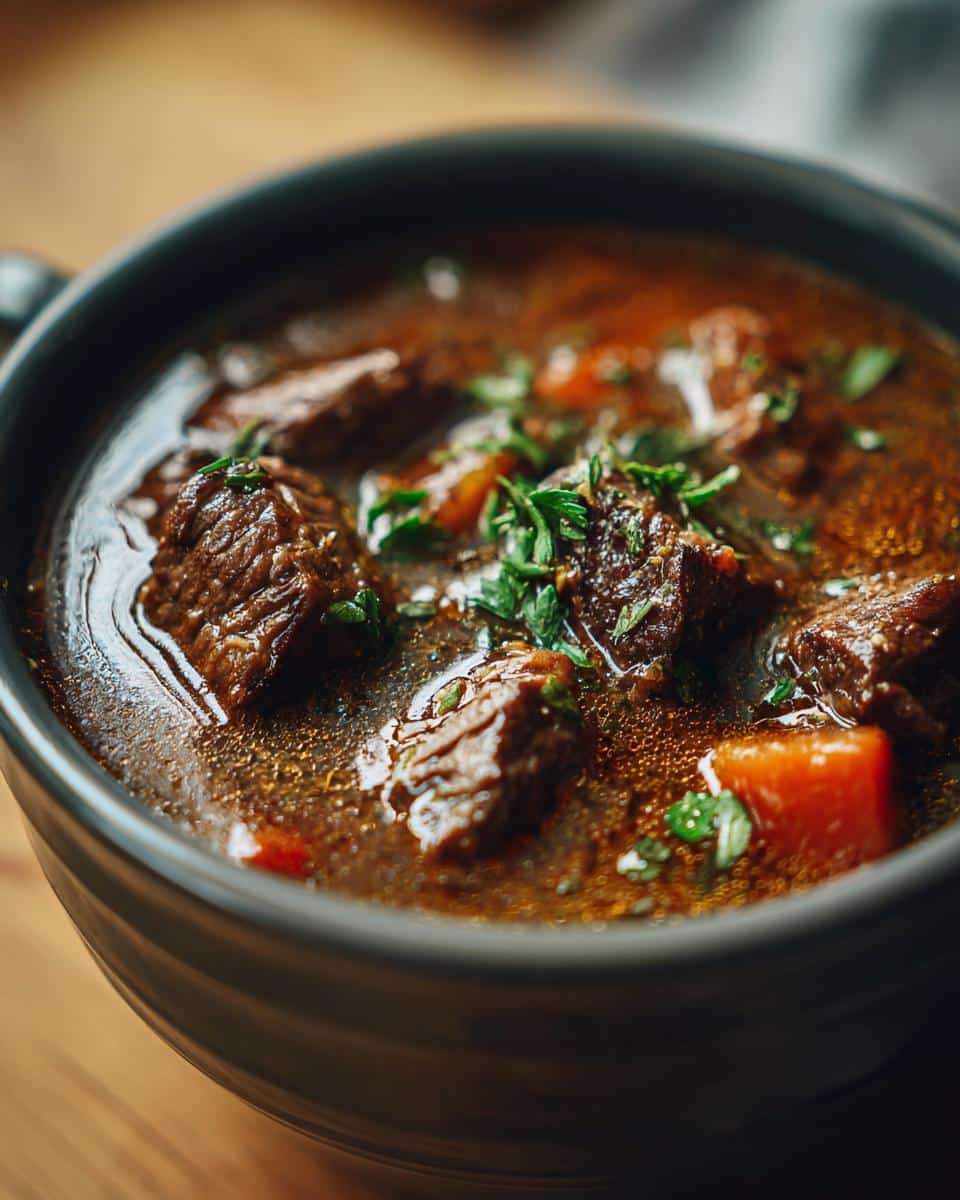 Close-up of a bowl of rich beef stew with tender beef, carrots, and fresh parsley garnish.