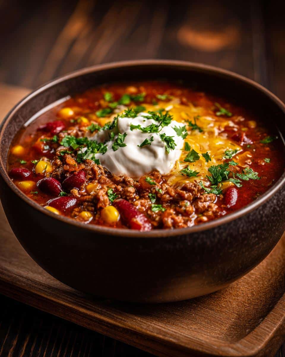 A bowl of hearty taco soup topped with sour cream, cheese, and parsley.