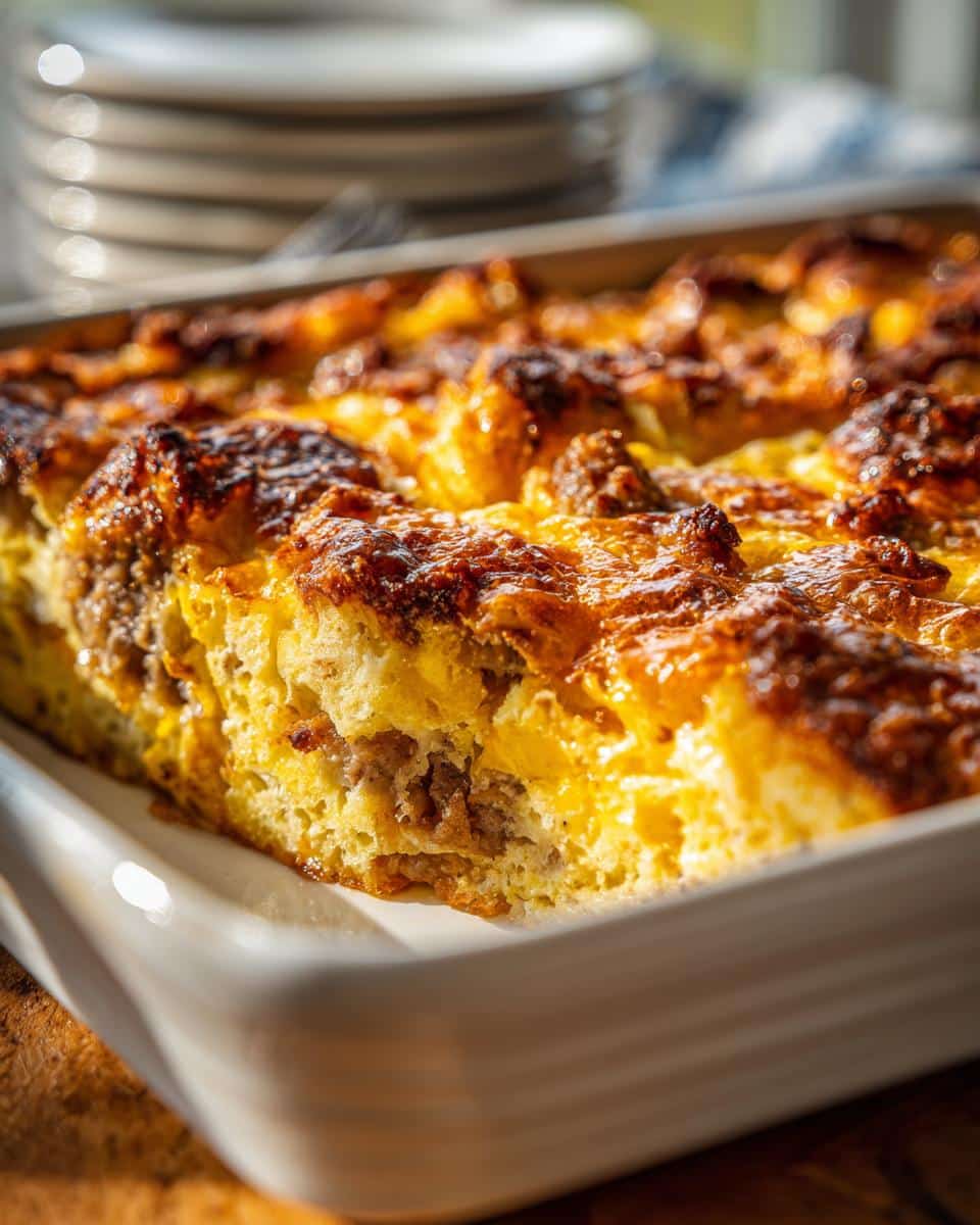 Close-up of a freshly baked breakfast casserole with bread, sausage, and a golden-brown crust.