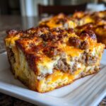Close-up of a slice of breakfast casserole with sausage, cheese, and bread on a white plate.