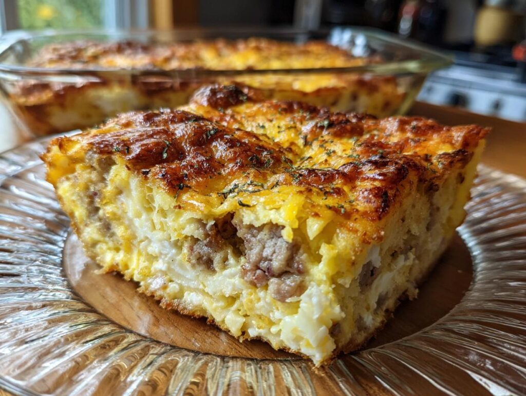 A slice of breakfast casserole with sausage and cheese on a glass plate.