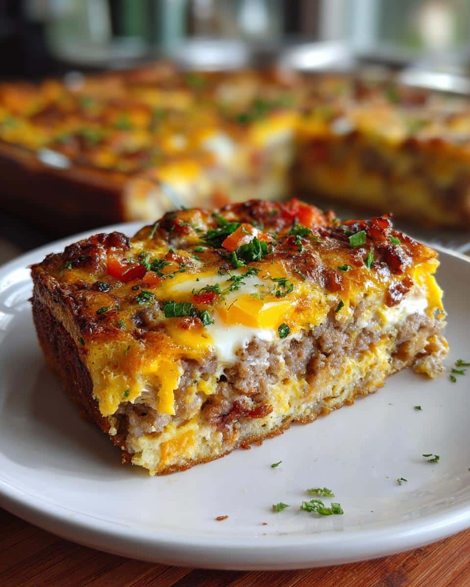 A slice of breakfast casserole on a plate, showcasing layers of egg, sausage, cheese, and bread.