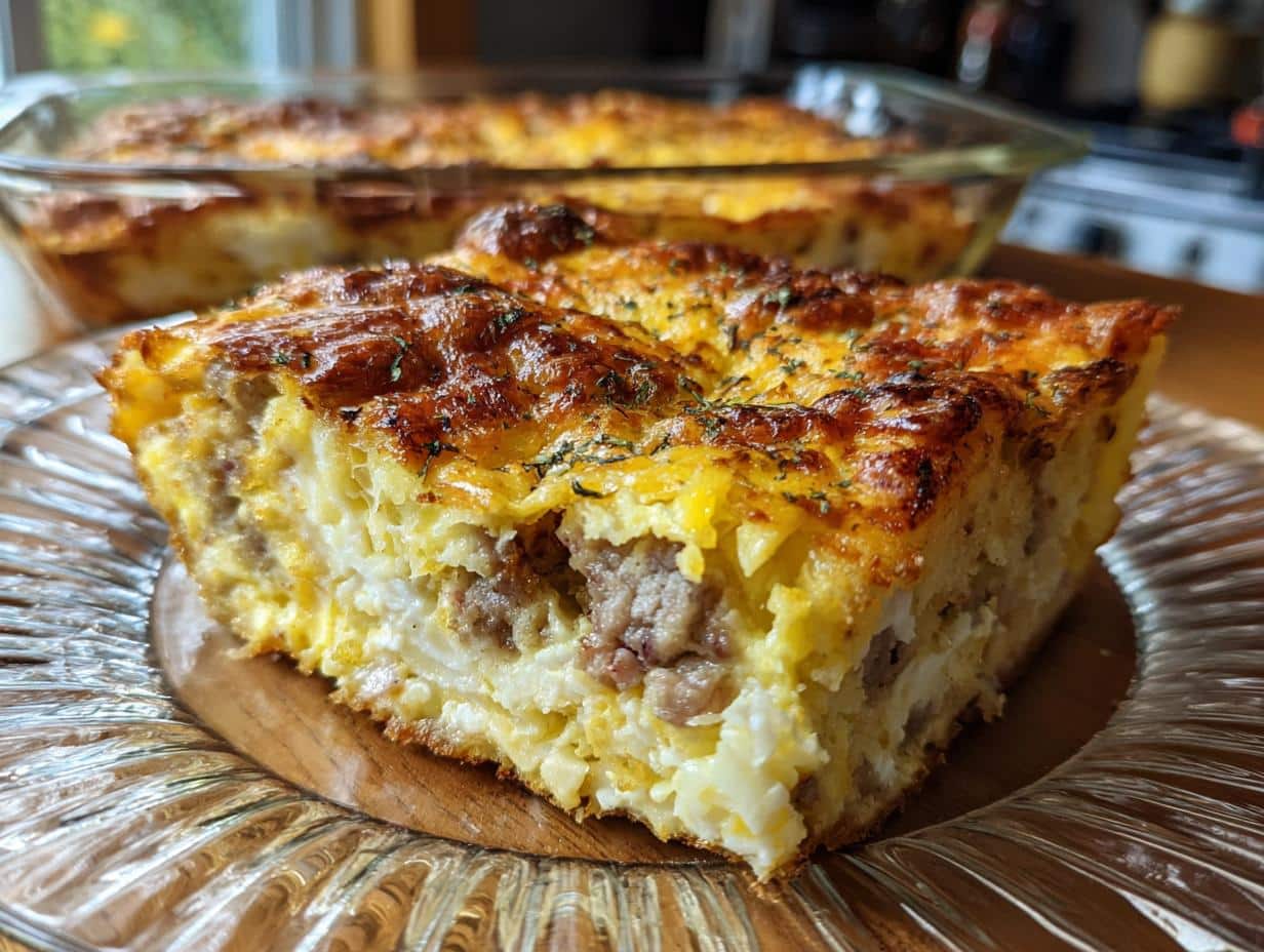 A slice of breakfast casserole with sausage and cheese on a glass plate.