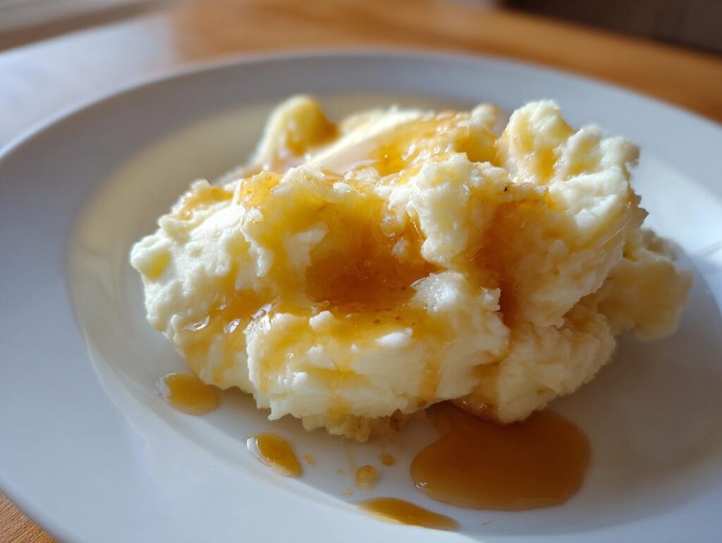 A serving of Brown Butter Mashed Potatoes on a white plate, drizzled with brown butter.