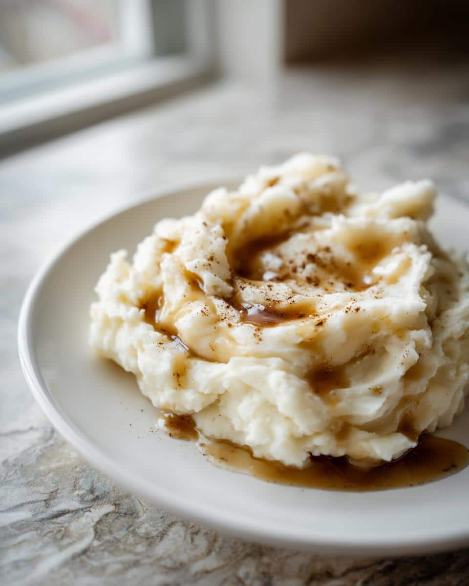 A serving of creamy Brown Butter Mashed Potatoes drizzled with brown butter sauce on a white plate.