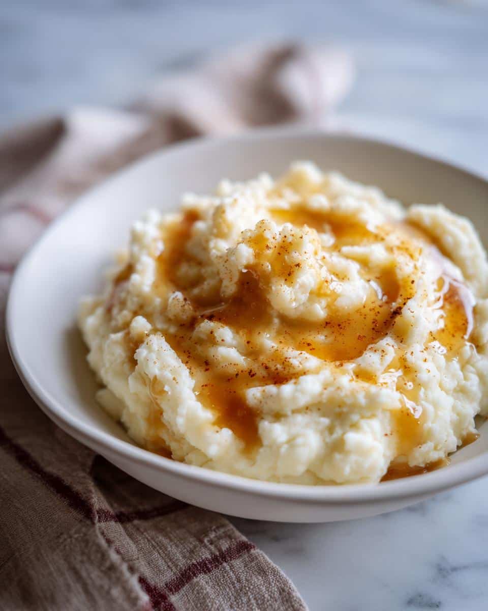 A bowl of creamy brown butter mashed potatoes, drizzled with brown butter sauce and a sprinkle of spice.