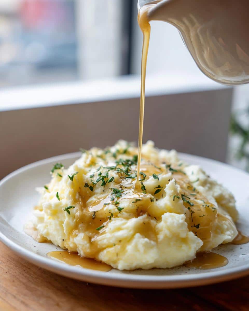 Pouring gravy over Brown Butter Mashed Potatoes, garnished with herbs on a white plate.