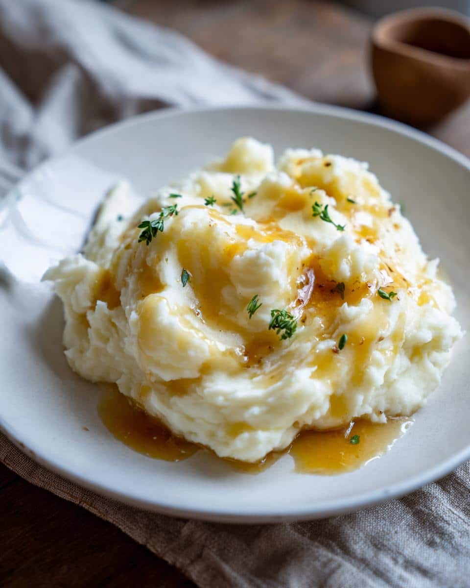 A serving of Brown Butter Mashed Potatoes on a white plate, drizzled with brown butter and garnished with herbs.
