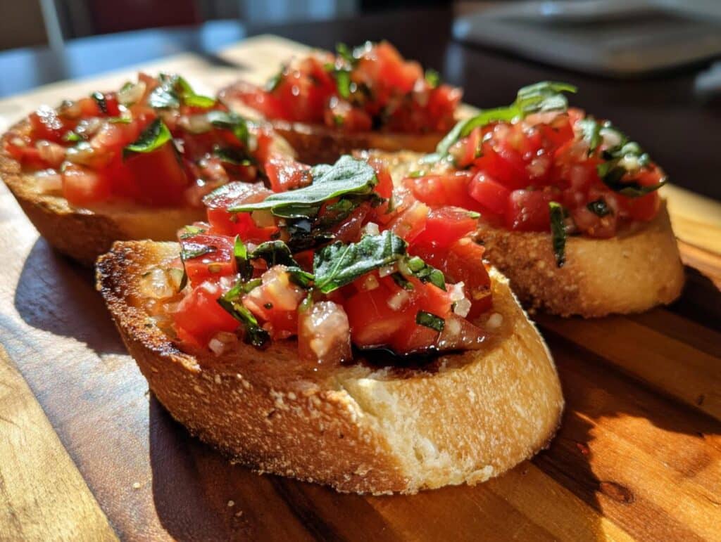 Close-up of bruschetta appetizers on a wooden board, featuring diced tomatoes, basil, and a balsamic glaze.