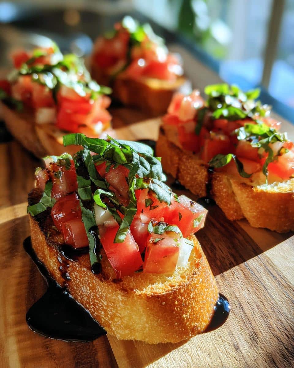 Close-up of bruschetta appetizers with tomatoes, basil, and balsamic glaze on toasted bread, served on a wooden board.