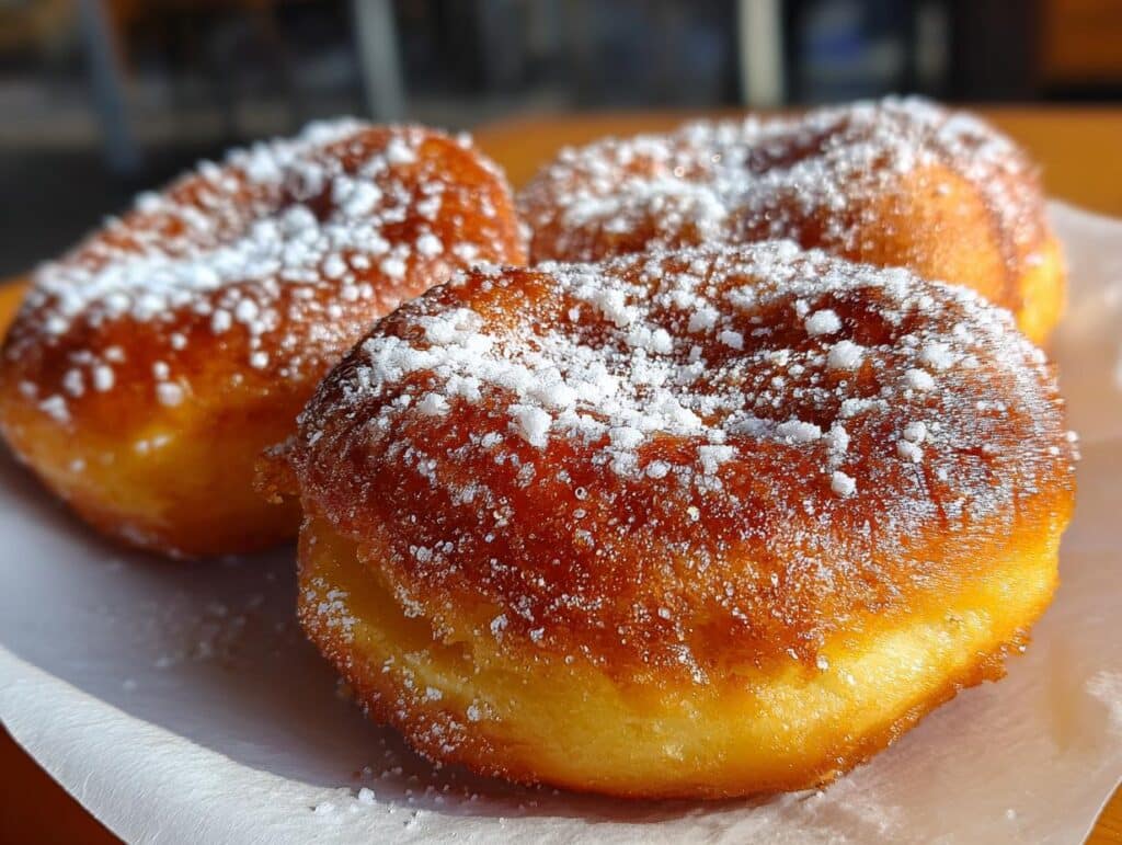 Three golden bunuelos recipe donuts dusted with powdered sugar on a white paper.