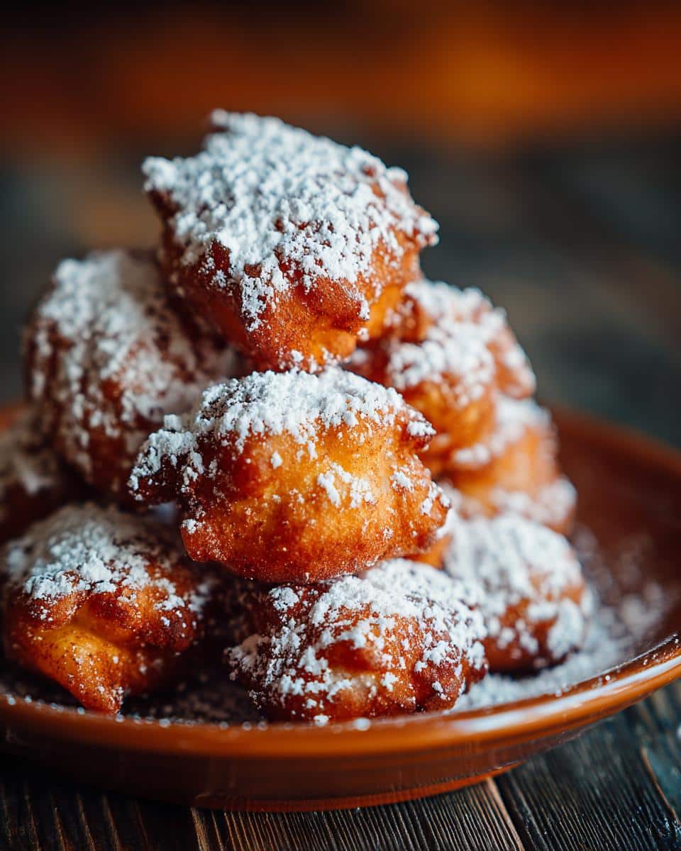 A stack of golden bunuelos recipe pastries, generously dusted with powdered sugar on a rustic plate.