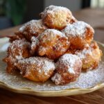 A stack of golden-brown bunuelos dusted with powdered sugar, ready to enjoy from our bunuelos recipe.