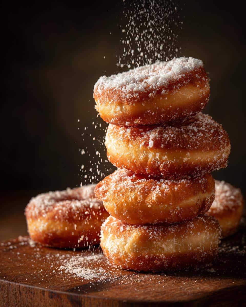 A stack of golden bunuelos dusted with powdered sugar, showcasing a delicious bunuelos recipe.