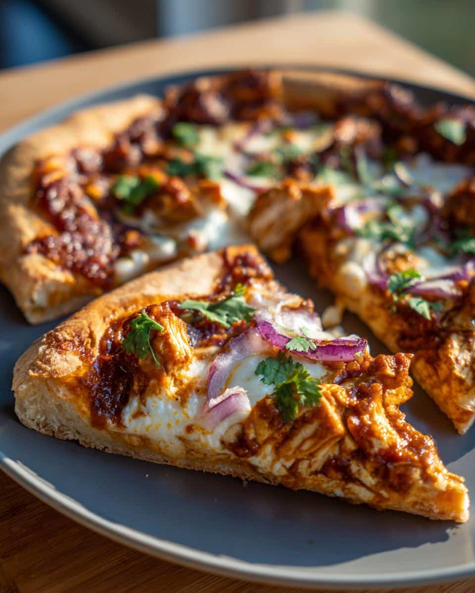 A slice of Butter Chicken Pizza topped with chicken, red onions, cilantro, and a creamy sauce.