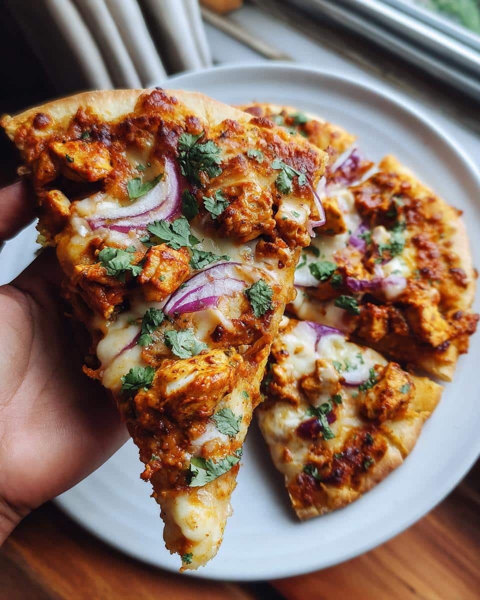 A slice of Butter Chicken Pizza held up, showcasing the chicken, cheese, red onions and cilantro toppings.