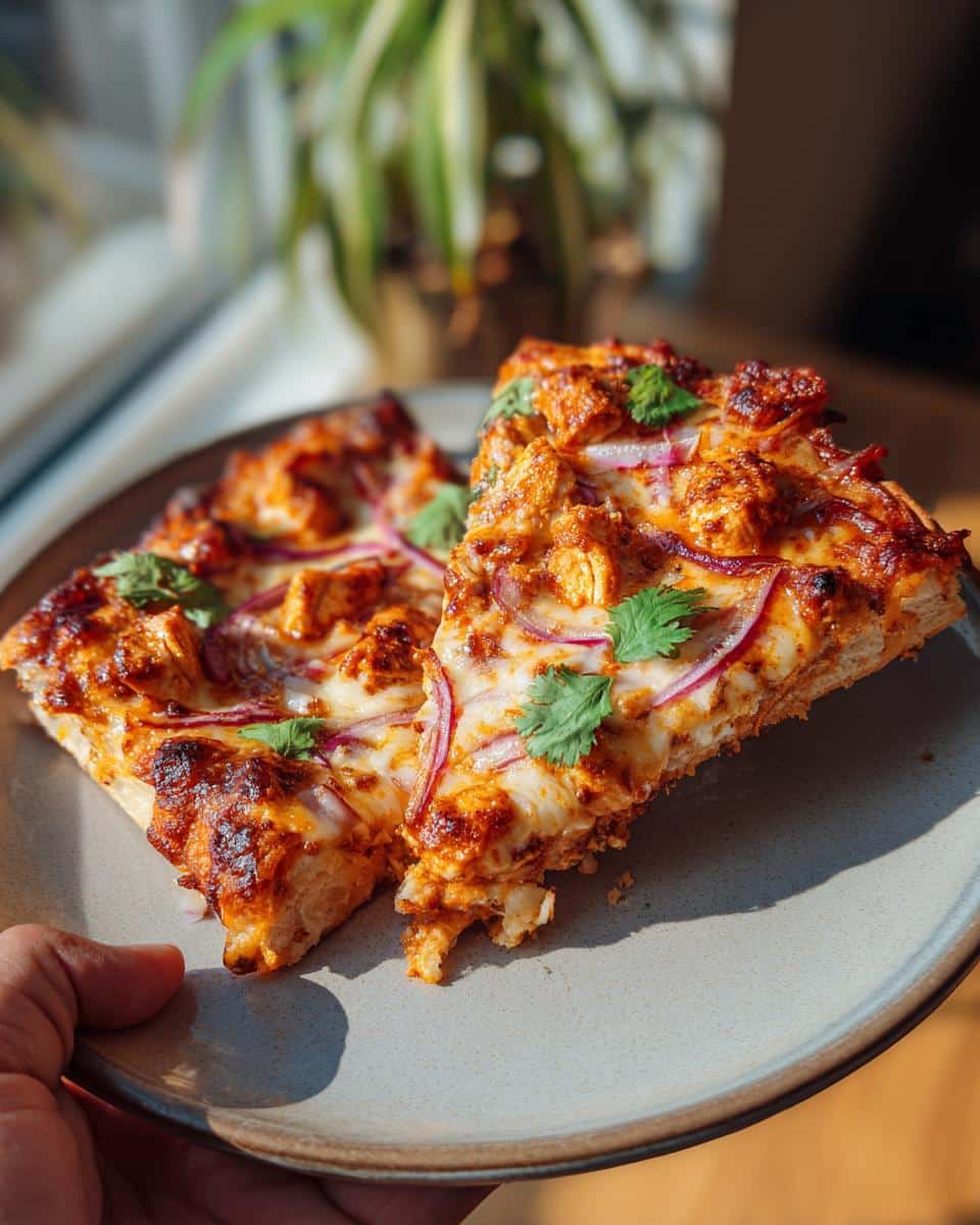 Two slices of Butter Chicken Pizza topped with red onions and cilantro, held on a plate.