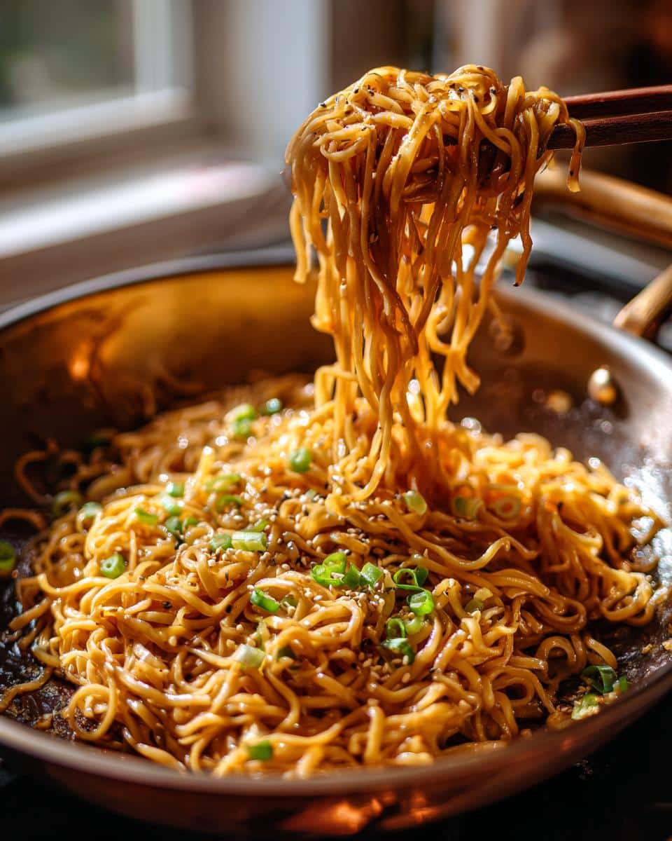 Close-up of Buttered Ramen Noodles in a pan, garnished with green onions and sesame seeds, being lifted with chopsticks.