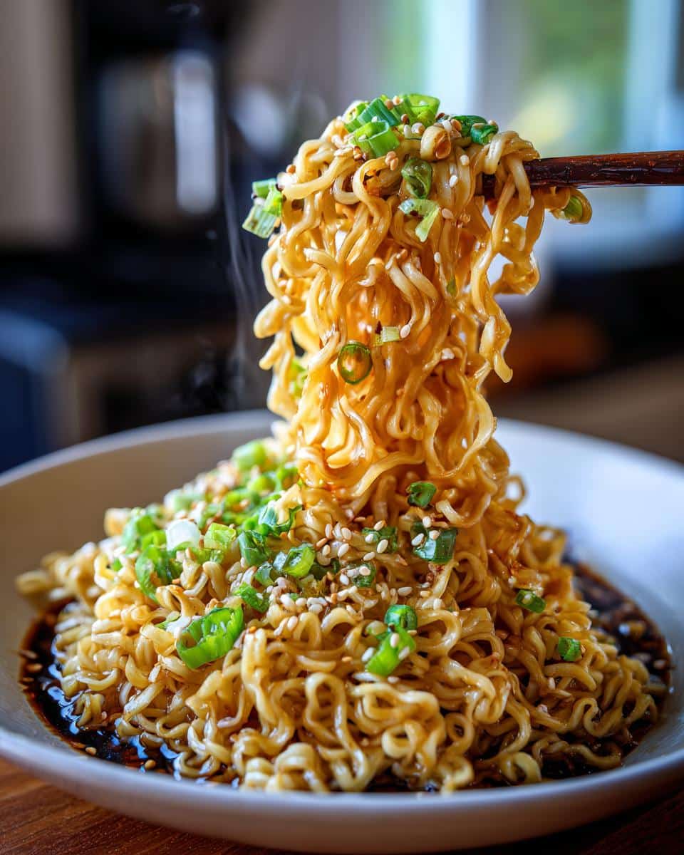Steaming Buttered Ramen Noodles in a bowl, garnished with scallions and sesame seeds, being lifted with chopsticks.
