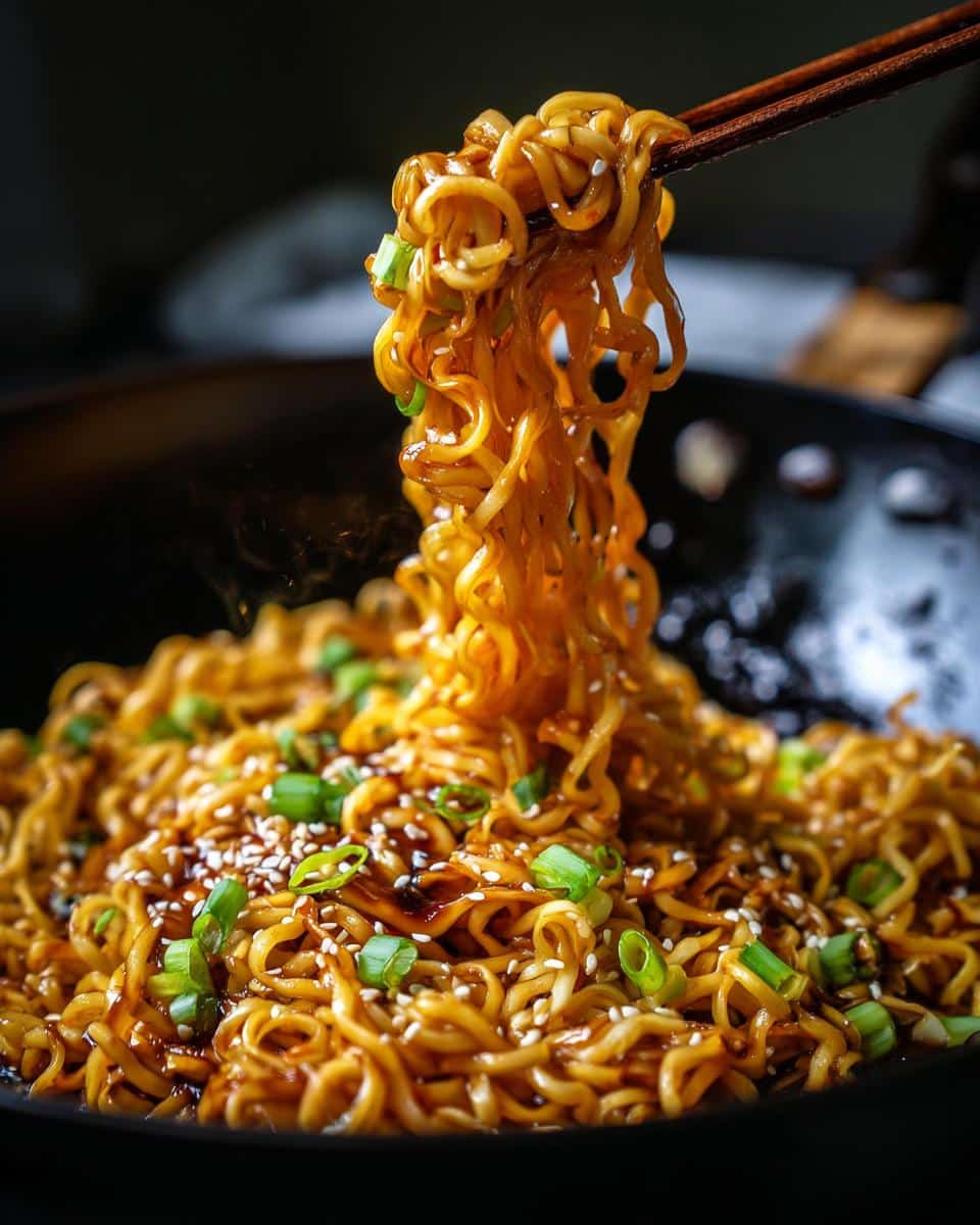 Close-up of Buttered Ramen Noodles in a pan, garnished with sesame seeds and sliced scallions, being lifted with chopsticks.