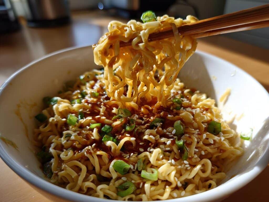 A bowl of Buttered Ramen Noodles topped with sesame seeds and chopped scallions, being lifted with chopsticks.