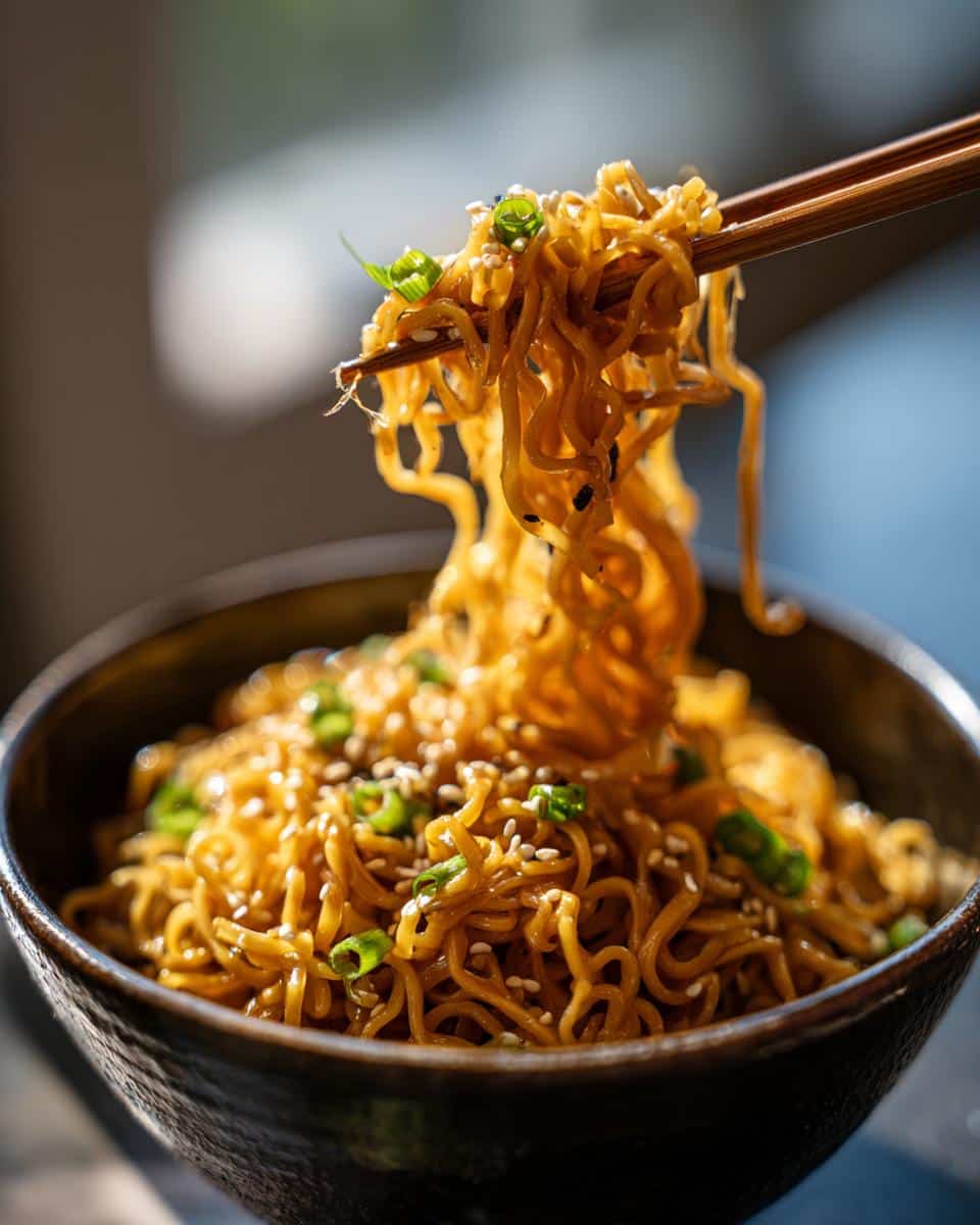 A bowl of Buttered Ramen Noodles being lifted with chopsticks, garnished with sesame seeds and scallions.