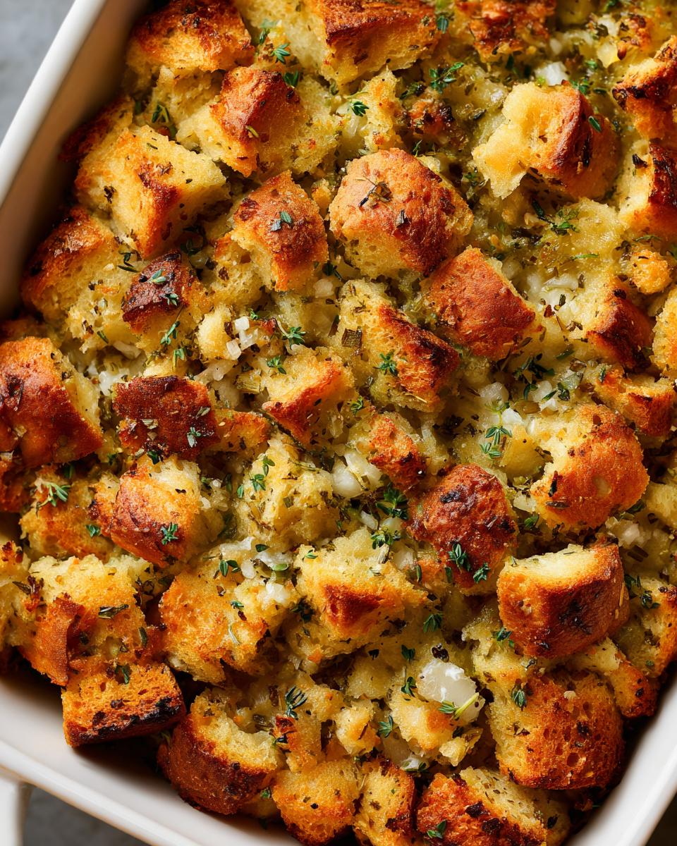 Overhead view of freshly baked Buttery Herb Stuffing in a white baking dish, featuring golden-brown bread cubes and herbs.
