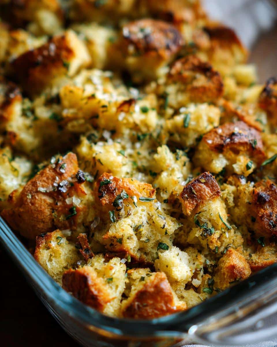 Close-up of golden brown Buttery Herb Stuffing in a glass baking dish, sprinkled with fresh herbs and salt.