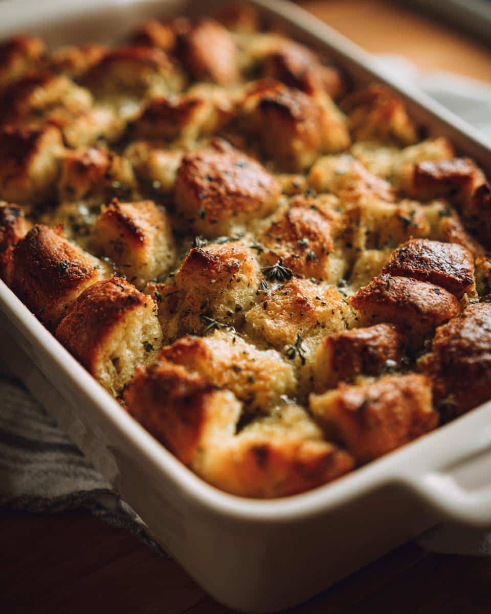 Close-up of freshly baked Buttery Herb Stuffing in a white baking dish, topped with herbs.